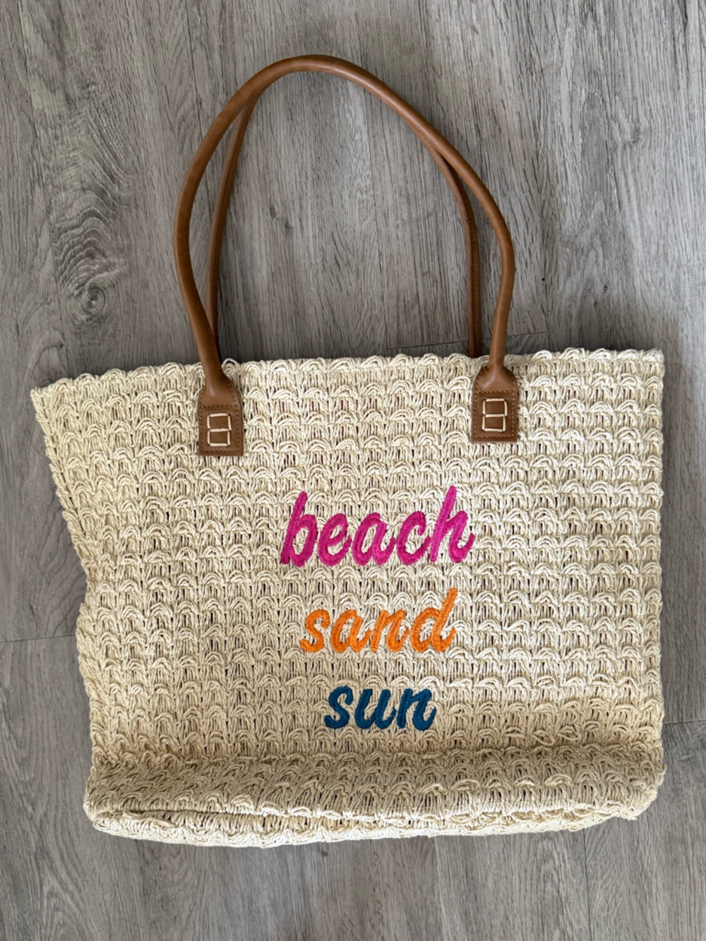 Woven Straw Beach Fabric-Lined Tote NWOT “beach sand sun' Embroidered Pink Blue